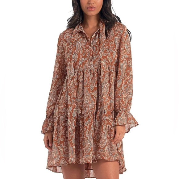 Elan Long Sleeve Paisley Mini Dress with Tie at the Neck in Size Small - Picture 8 of 8